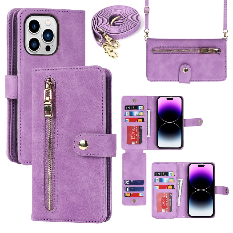 Iphone 13 Pro Max Wallet Case Crossbody Zipper Purple 9087558918767
