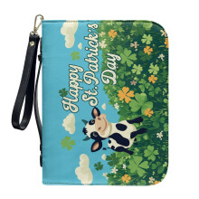 St. Patrick's Day Shamrock Cow Print Leather Bible Cover for Women & Men – Lightweight, Detachable Wristlet Strap, Compatible with Large Bibles