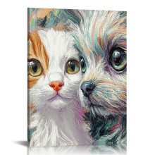 Tableau mural sur toile représentant un chien et un chat pour enfants, 30 x 40 cm