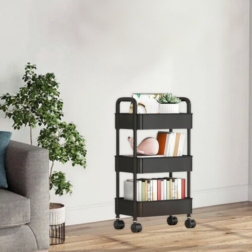 Carrello da cucina nero con ruote e contenitore impilabile a 4 livelli.