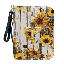 Leopard Sunflower Cross PU Leather Bible Cover for Women & Men – Lightweight 2XL Protective Carrier with Detachable Wristlet Strap