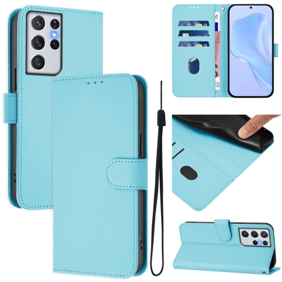 Sky Pu Leather Wallet Case With Magnetic Closure, 3 Card Slots & Wrist StrapâCompatible With Samsung Galaxy S21 Ultra 5G Blue 9130661967136