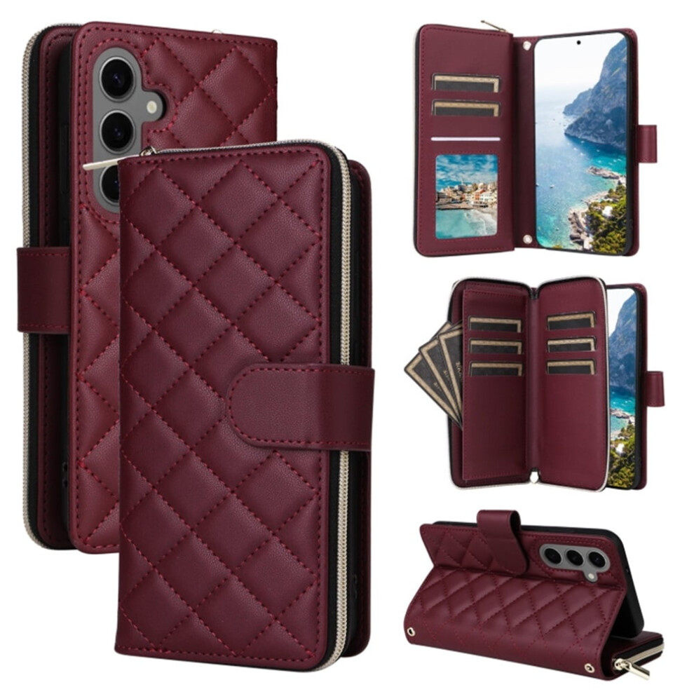 Magnetic Flip Wallet Case For Samsung Galaxy S25+ 5G Â Wine 9-Card Slots, Zipper Pocket, Detachable Shoulder & Wrist Straps Red 9418476735431