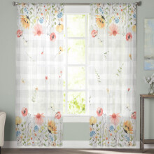 Sheer Curtains 52"x84", Floral Grey Plaid Voile Drapes, Light Filtering, Rod Pocket, 2 Panels, Compatible with Standard Rods