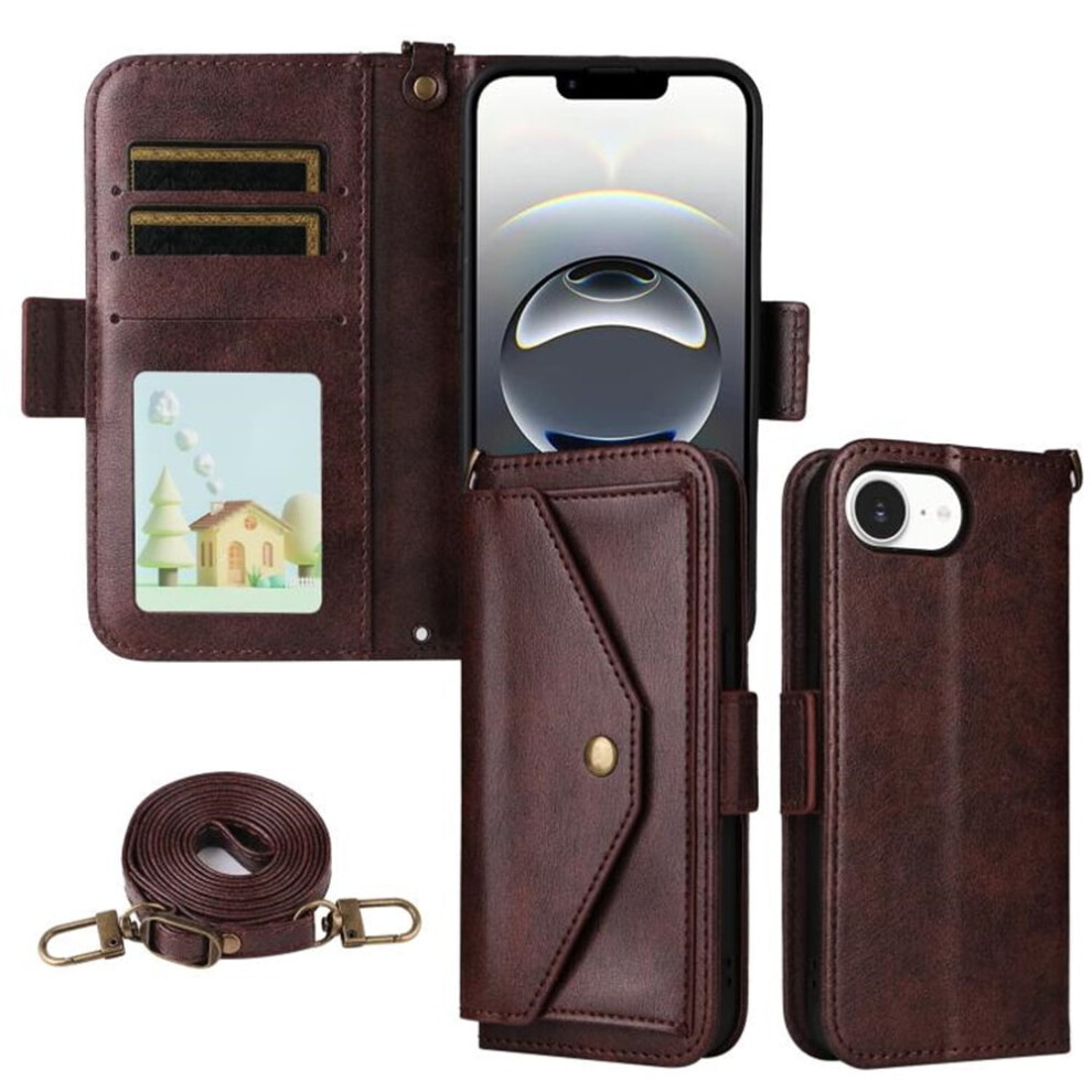 Vintage Leather Wallet Case For Iphone 16E Â Shockproof, Multi-Card Slots, Hidden Button Pocket, Detachable Strap, Brown 9130661967921