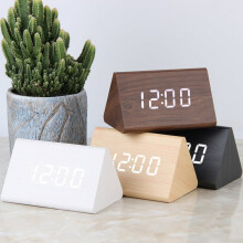 Modern Triangle Wood Clock Digital LED Wooden Alarm Clocks Digital Desk Thermometer Classical Timer Calendar