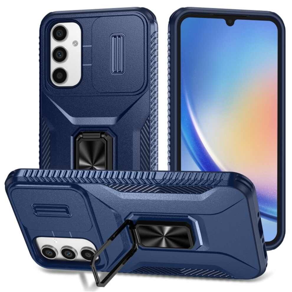 Slim Fit Shockproof Hybrid Case For Samsung Galaxy A34 5G Â Military-Grade, Slide Camera Cover & Rotated Ring Kickstand, Blue 9170372179435