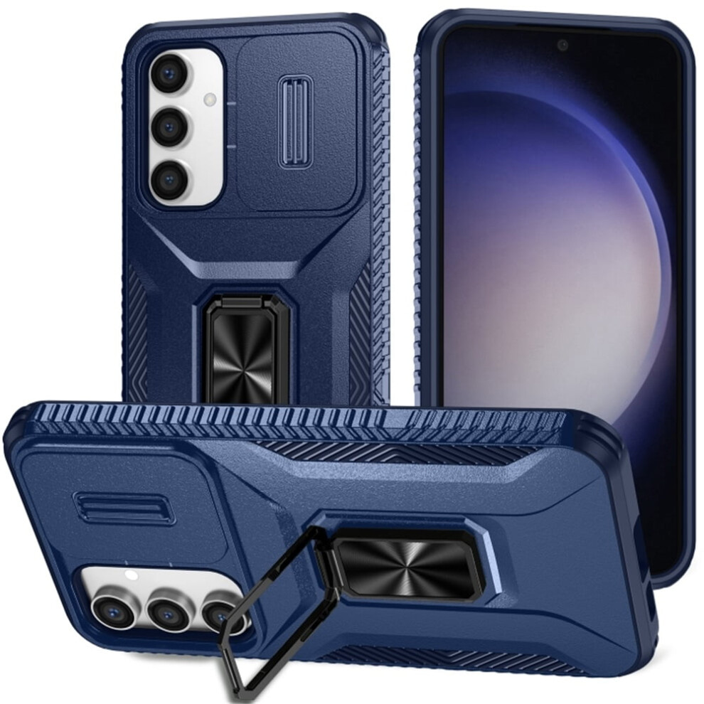 Shockproof Hybrid Case For Samsung Galaxy S23 Fe 5G – Slim Fit, Slide Camera Cover, Rotating Ring Kickstand, Military-Grade, Blue 9170372179336