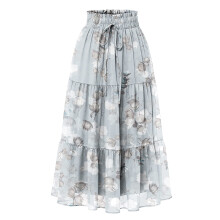 Chiffon-Maxirock für Damen mit Blumenmuster, Rüschen und Schleife, ausgestellt, hellgrau, Größe M