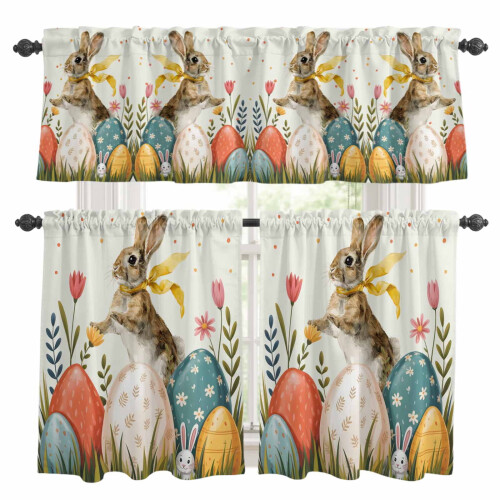 Easter Rabbit Kitchen Curtains and Valance Set Beige