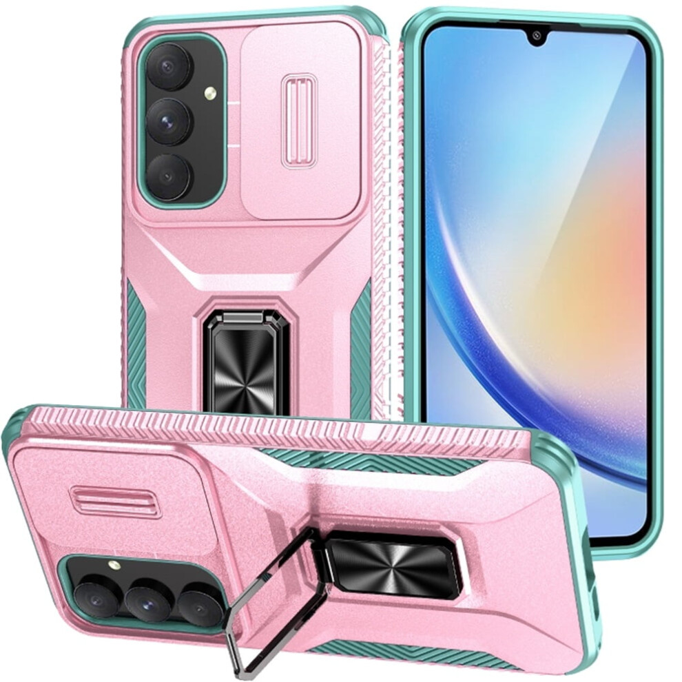 Slim Fit Shockproof Hybrid Case For Samsung Galaxy A35 5G – Military-Grade, Slide Camera Cover & Rotated Ring Kickstand, Pink/Green 9130661968874