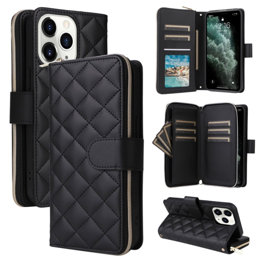 Magnetic Flip Wallet Case For Iphone 11 Pro: 9-Card Slots, Zipper Pocket, Detachable Shoulder & Wrist Straps, Black 9152228569669
