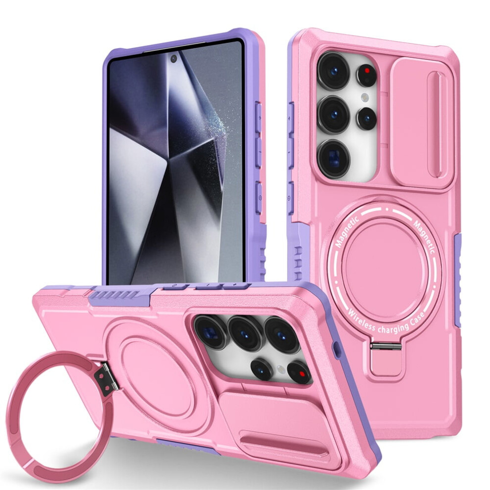 Shockproof Case For Samsung Galaxy S25 Ultra 6.9" Â Sliding Camera Cover, Magsafe Compatible, Hidden Kickstand & Ring Holder Pink 9152228569683