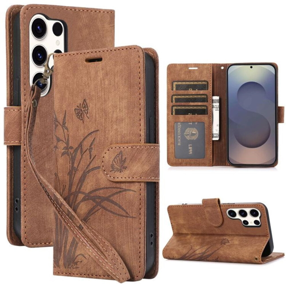 Leather Flip Wallet Case For Samsung Galaxy S21 Ultra 5G Â Orchids & Butterflies Embossed, 3-Card Holder, Magnetic Closure, Brown 9152228570986