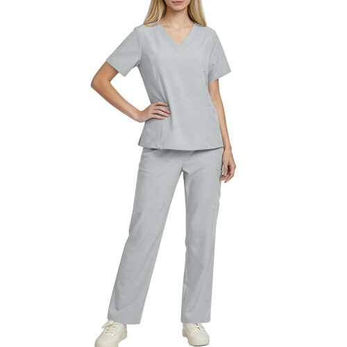asdoklhq Plus Size Scrubs Γυναικείο Φόρεμα Νοσοκόμας με Κοντομάνικο, Μονόχρωμο, Τσέπη και