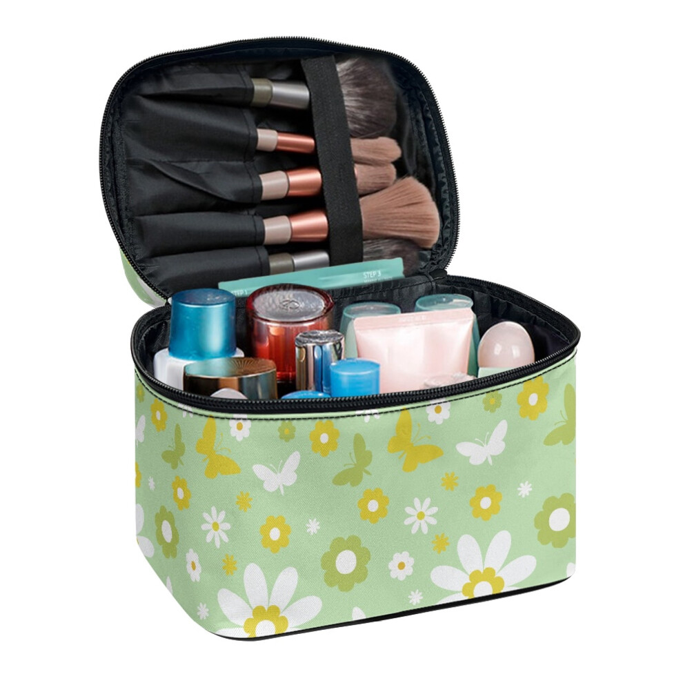 (8.86"x6.5"x5.9") Cosmetic Organizer for Woman Zipper Beauty Brush Holder Portable Traveling Daisies Butterflies
