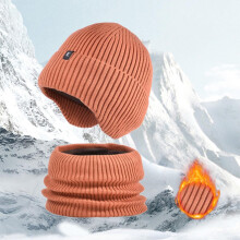 Fleece Lined Winter Hat and Scarf Set, Thermal Knit Beanie with Ear Flaps, Unisex Cold Weather Set for Skiing and Outdoor Activities Orange