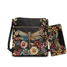 Set aus Umhängetasche und Geldbörse aus Leder mit Libellen- und Gänseblümchenmuster für Damen, Hobo-Tasche mit mehreren Fächern und