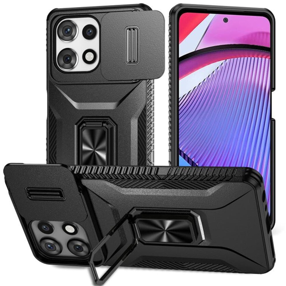 Slim Shockproof Hybrid Case For Motorola Moto G Play 2025 (6.7") With Slide Camera Cover & Rotating Ring Kickstand, Military-Grade, Compatible Black 9170372179732