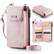Phone Wallet Bag with Large Capacity Card Slots Cash Zipper Pocket, RFID Blocking Hand Strap and Crossbody Shoulder,Pink