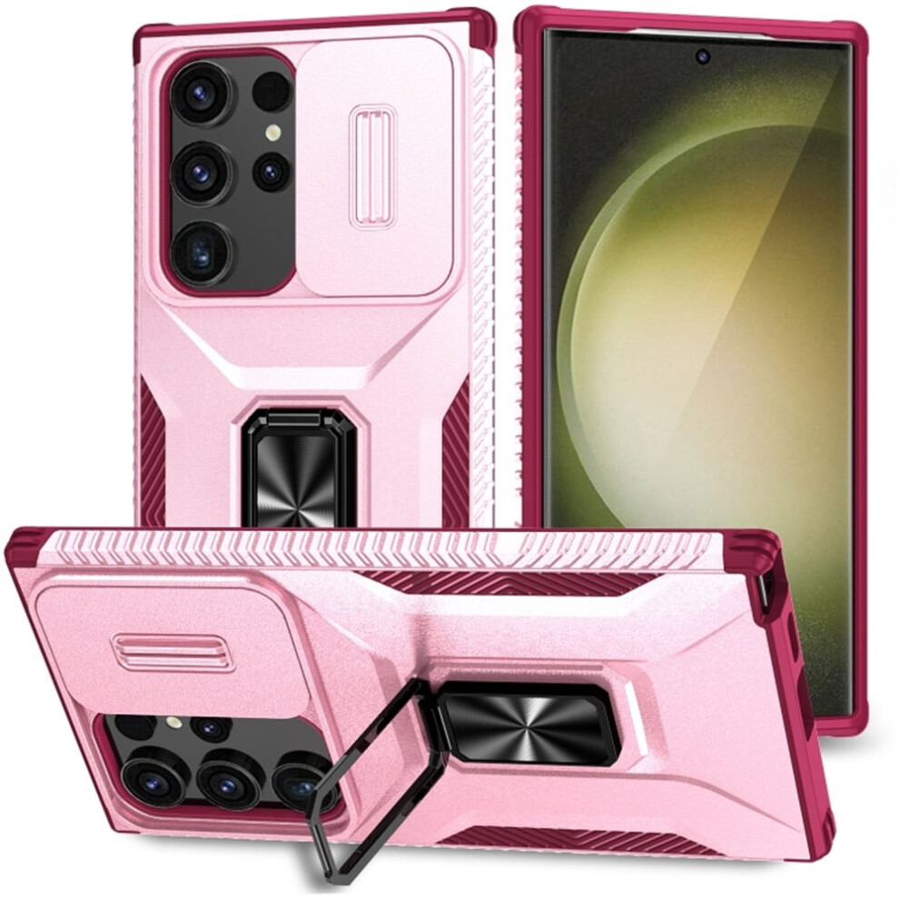 Slim Fit Shockproof Hybrid Case For Samsung Galaxy S24 Ultra 5G 6.8", With Slide Camera Cover & Rotated Ring Kickstand, Military-Grade, Pink 9165521685325