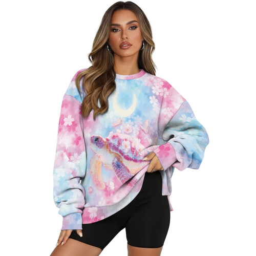 Damen-Sweatshirt mit Kirschblütenmuster, Rundhalsausschnitt, Oversize, lang