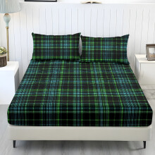 Bettwäsche-Set, schwarz/grün/blau kariert, Einzelbett XL, 3-teilig, weiche Bettwäsche mit 25 cm Spannbettlaken und 2 Kissenbezügen, pflegeleicht