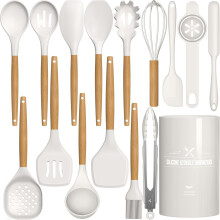 Conjunto de 16 utensílios de cozinha de silicone com suporte, resistentes ao calor, com cabos de madeira branca, compatíveis com panelas