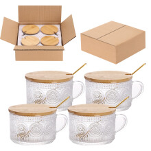 Set de accesorii drăguțe pentru barul de cafea, căni de cafea vintage cu capace de bambus și lingurițe aurii, pahare transparente în relief de