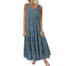 Maxikleid im Boho-Stil mit Blumenmuster und Stufenrock, ärmelloses, schwingendes Urlaubskleid mit fließendem Stufenrock, langes Sommerkleid aus