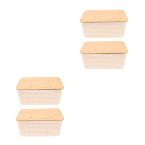 4Pcs Multi Color Plastic Storage Boxes with Bamboo Lid for Pantry Use