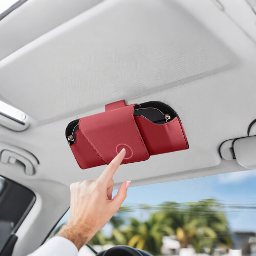 Car eyeglass holder leather visor organizer box red 1