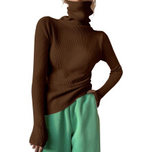 Liquidação! Suéter feminino de gola alta canelado, modelo 2025 Trendy, com orifícios para os polegares, modelagem slim, cor café.