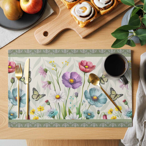 Platzsets mit Frühlingsblumenmuster, 1er-Set, grüner Rand 1