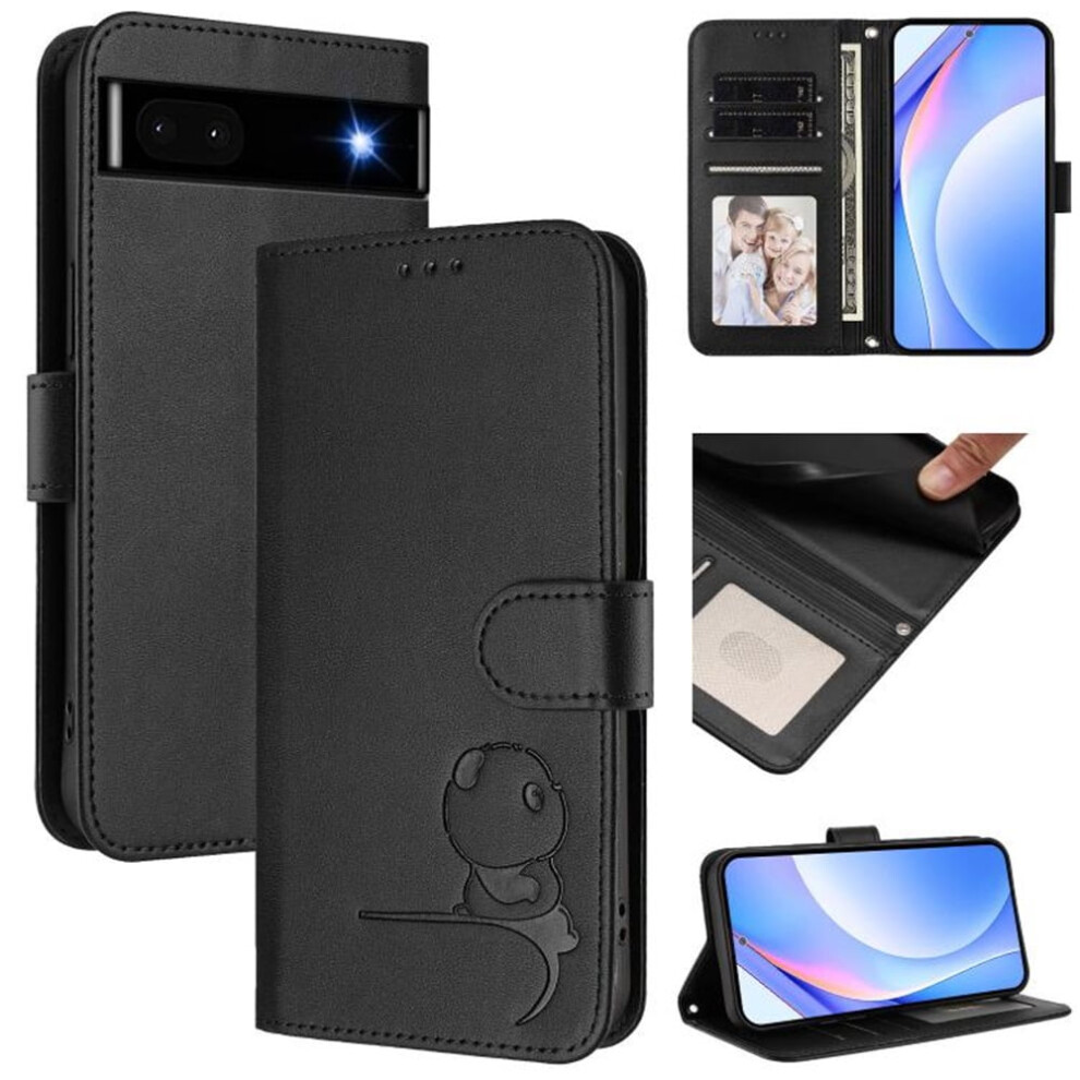 Litter Panda Embossed Leather Case For Google Pixel 6A Â Rfid Wallet, Magnetic Clasp, Lanyard & Flip Stand Â Black 9170372186815