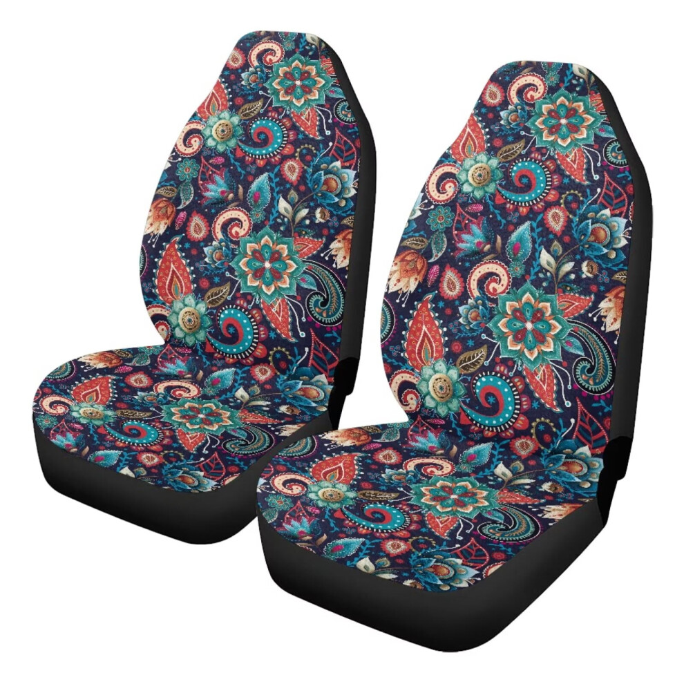 Car Front Seat Covers Ethnic Flowers Print Fleece 2Pcs Coral 968604529351