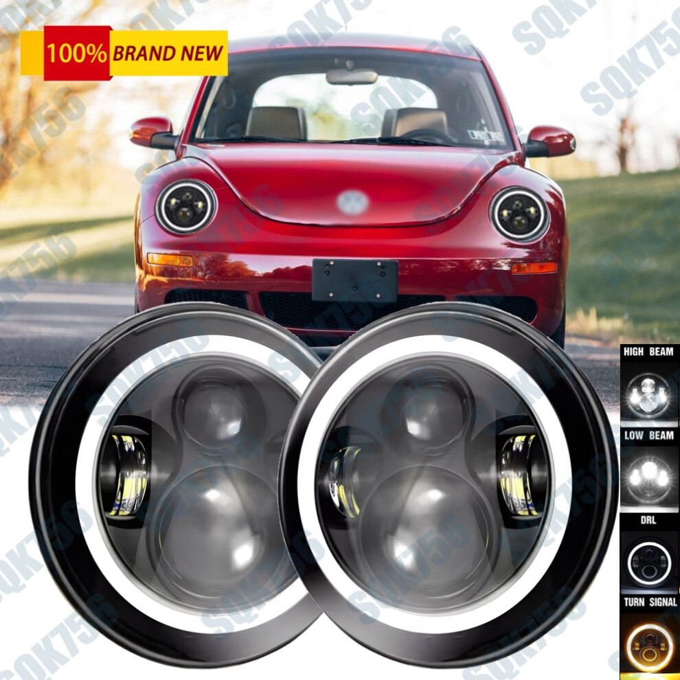 For Vw Beetle Classic 7 Inch Round Led Headlights Hi/Low Beam Halo Drl Projector 9152228575219