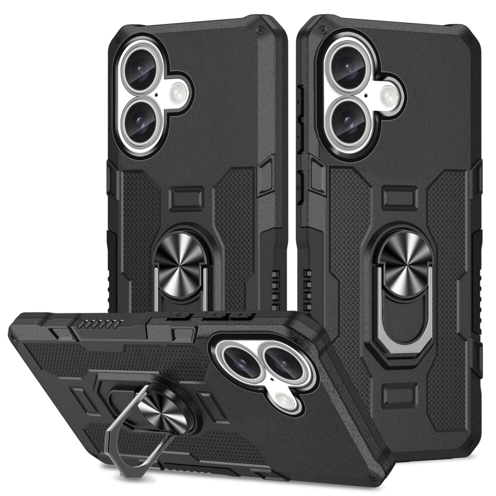 Rugged Defender Case For Iphone 16 (6.1") Â Ring Holder, Kickstand, Anti-Fingerprint, Non-Slip, Anti-Drop, Black 9130661975513