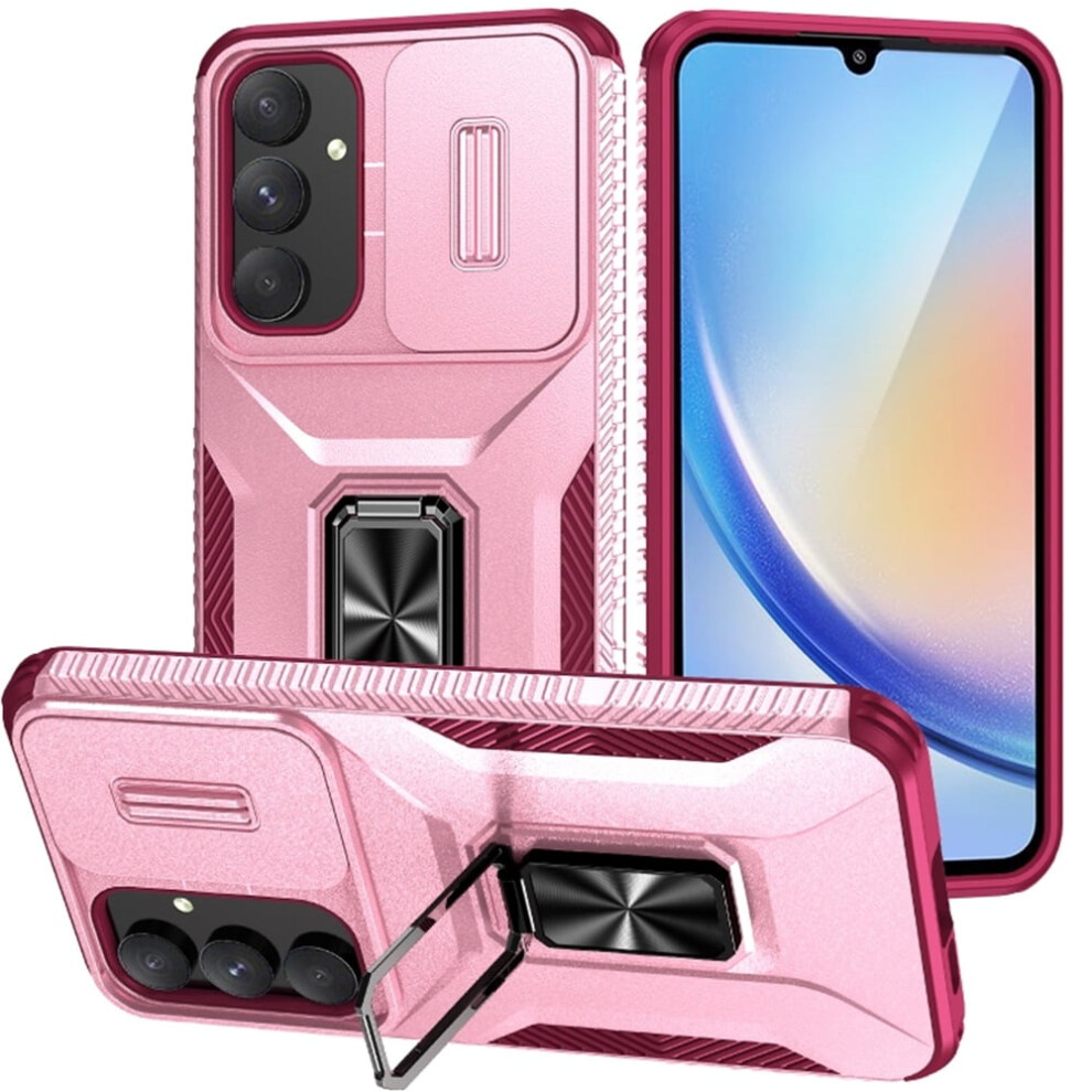 Slim Fit Shockproof Hybrid Case For Samsung Galaxy A35 5G—Military-Grade, Slide Camera Cover & Rotated Ring Kickstand, Pink 9165521686179