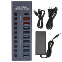 Multifunctionele USB 3.0-hub met voeding, snelladen, aluminium behuizing, snelle gegevensoverdracht, overspanningsbeveiliging, plug-and-play.