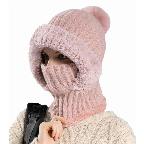 Máscara de esqui térmica feminina com capuz e cachecol rosa claro