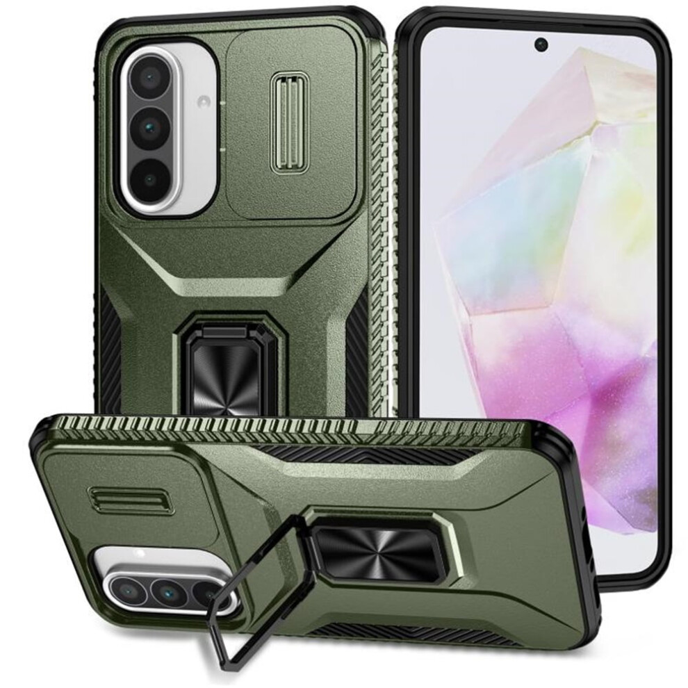 Slim Fit Shockproof Hybrid Case For Samsung Galaxy A36 6.7", Alpine – Slide Camera Cover & Rotated Ring Kickstand, Military-Grade Green 9130661975674