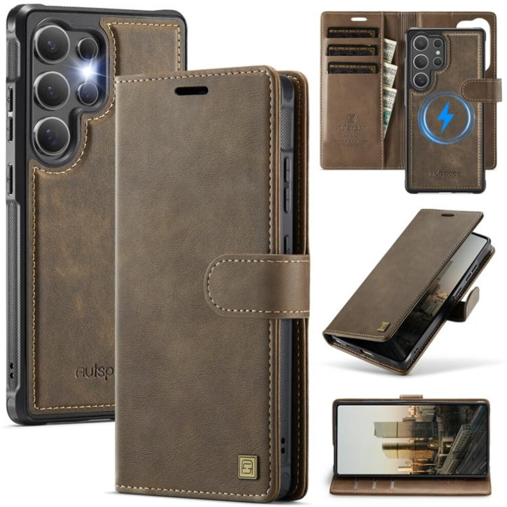 Rfid-Blocking Purse Case For Samsung Galaxy S25 Ultra 5G 6.9", Magsafe, 3-Card Slots, Kickstand, Flip & Detachable, Shockproof, Brown 9170372184248
