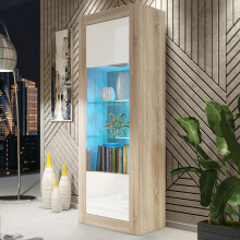 Display Cabinet Illume 170cm - Oak & White Gloss Doors and LED Lights