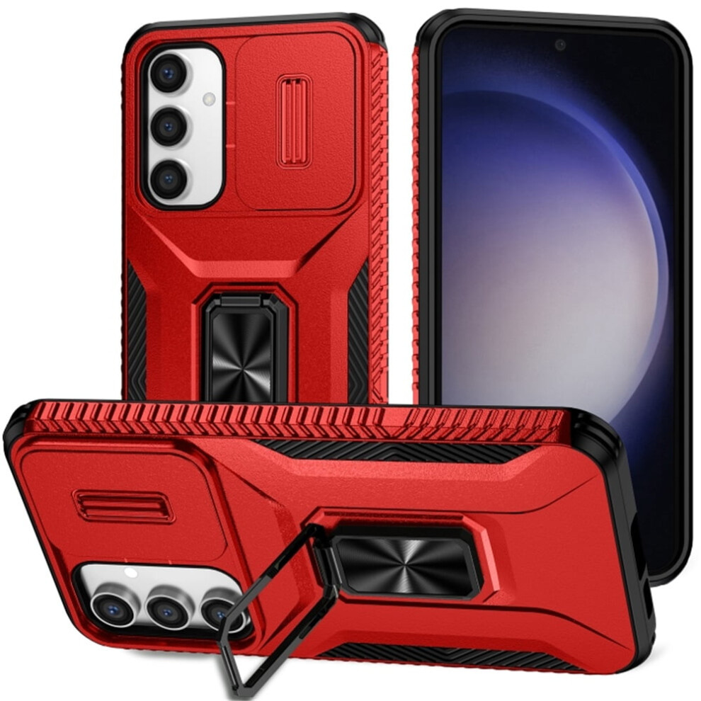 Shockproof Hybrid Case For Samsung Galaxy S23 Fe 5G – Slim Fit, Slide Camera Cover, Rotating Ring Kickstand, Military-Grade, Red 9165521687121