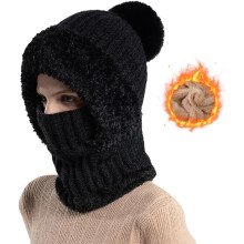 Gorro feminino 3 em 1 de tricô com cachecol e proteção facial.