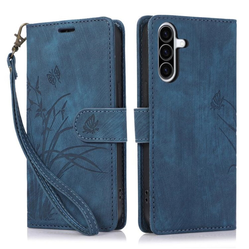 Orchids & Butterflies Embossed Leather Flip Wallet Case With Card Holder & Magnetic Closure, Â Compatible With Samsung Galaxy A36 5G Blue 9152228578920