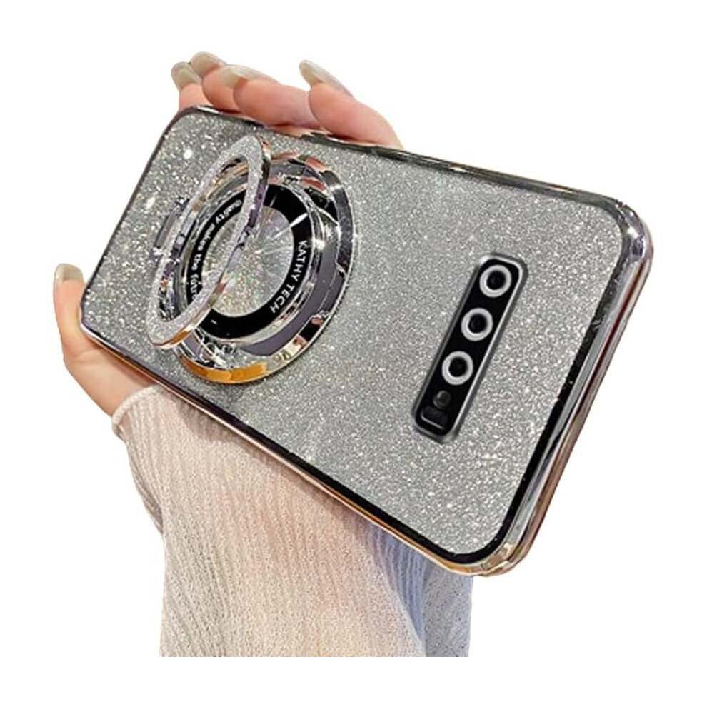Magnetic Glitter Kickstand Case For Compatible With Samsung Galaxy S10 – Slim, Shockproof, Luxury Plating, Silver 9130661972161