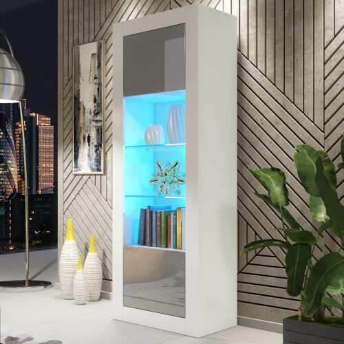 Display Cabinet Illume 170cm - White & Grey Gloss Doors and LED Lights