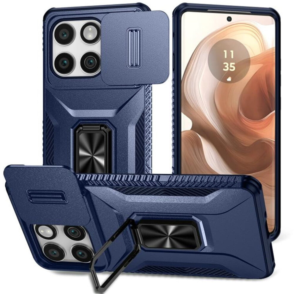 Slim Fit Shockproof Hybrid Case For Motorola Edge 5G 2025 (6.7"), With Slide Camera Cover & Rotated Ring Kickstand, Military-Grade Blue 9130661972635